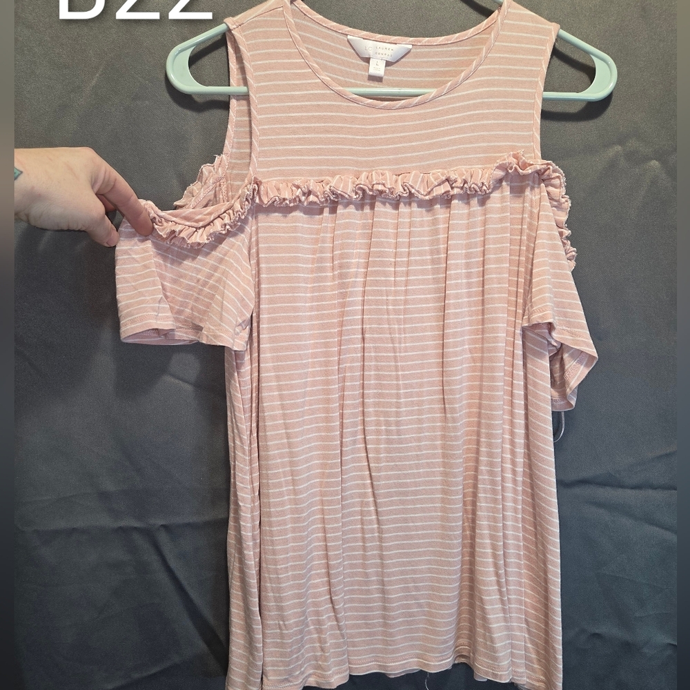 LC Lauren Conrad Blush Striped Cold Shoulder Top